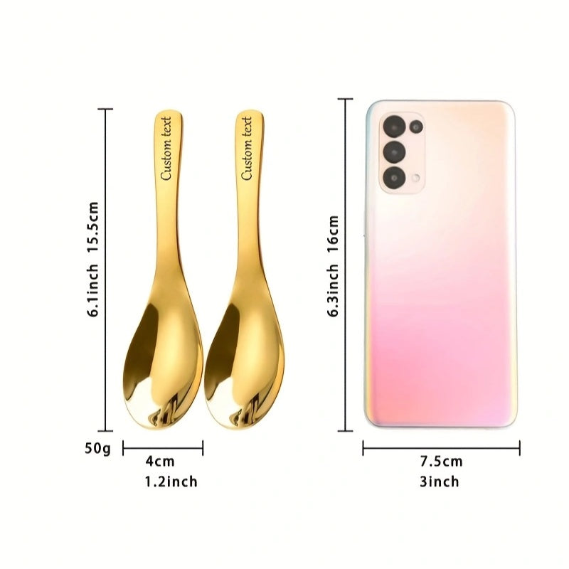 2\u002F4pcs Custom Text Elegant Stainless Steel Soup Spoons, Heavy Flat-Bottomed Spoons, Silvery\u002FGolden, Dessert Spoons, Suitable for Restaurants, Home Kitchens, Offices, And Holidays, Polished Surface, Dishwasher Safe, Christmas Gift