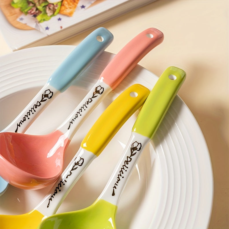 4pcs, Soup Spoon, Ceramic Soup Spoon, Cute Ceramic Soup Spoon, Kitchen Soup Spoon With Long Handle, Hangable Soup Spoon For Noodles, Kitchen Stuff, Kitchen Gadgets