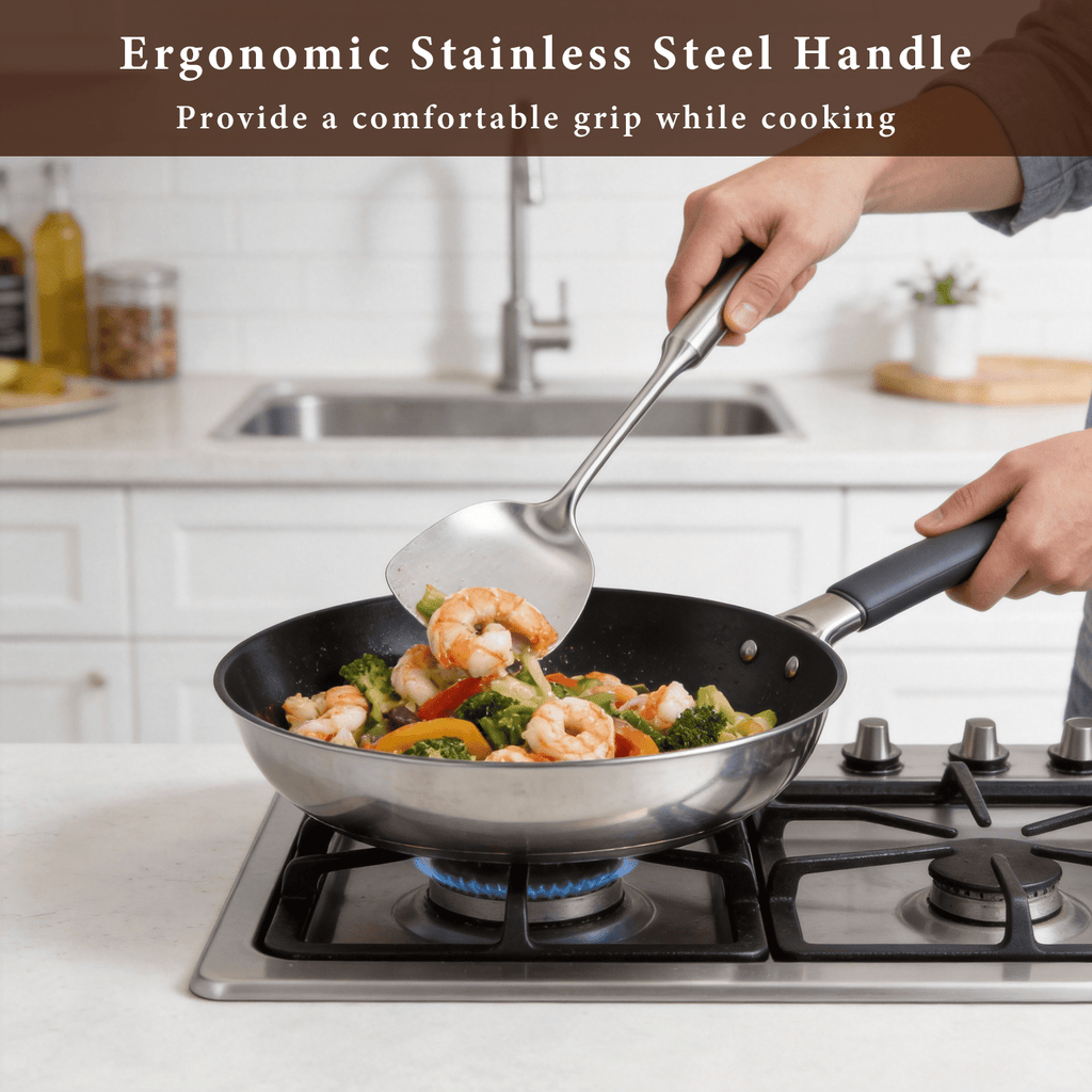 4-Piece Stainless Steel Cooking Utensils Set – Solid & Slotted Turner, Serving Spoon for Kitchen, Ergonomic Non-Toxic Design, Dishwasher Safe & Hangable