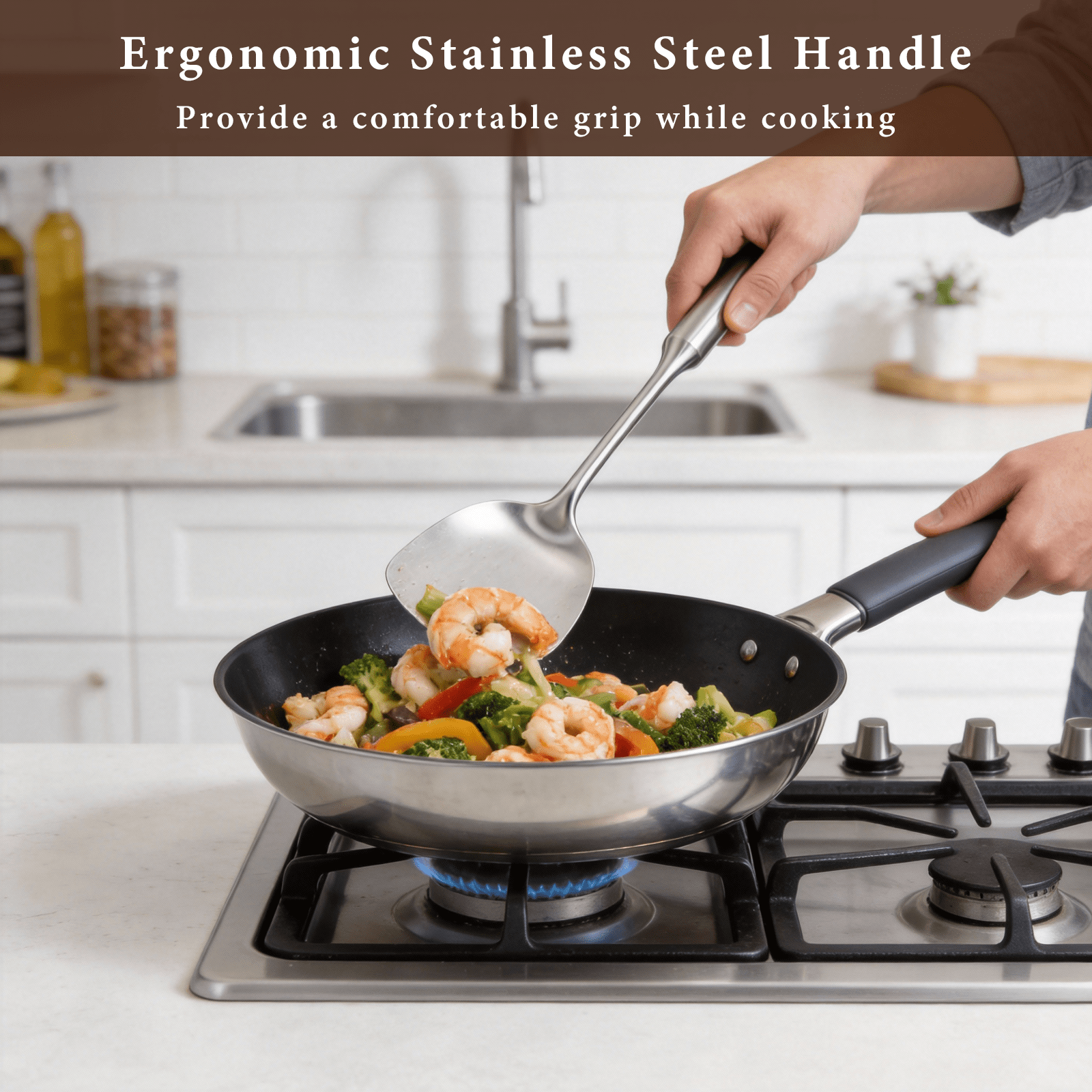 4-Piece Stainless Steel Cooking Utensils Set – Solid & Slotted Turner, Serving Spoon for Kitchen, Ergonomic Non-Toxic Design, Dishwasher Safe & Hangable