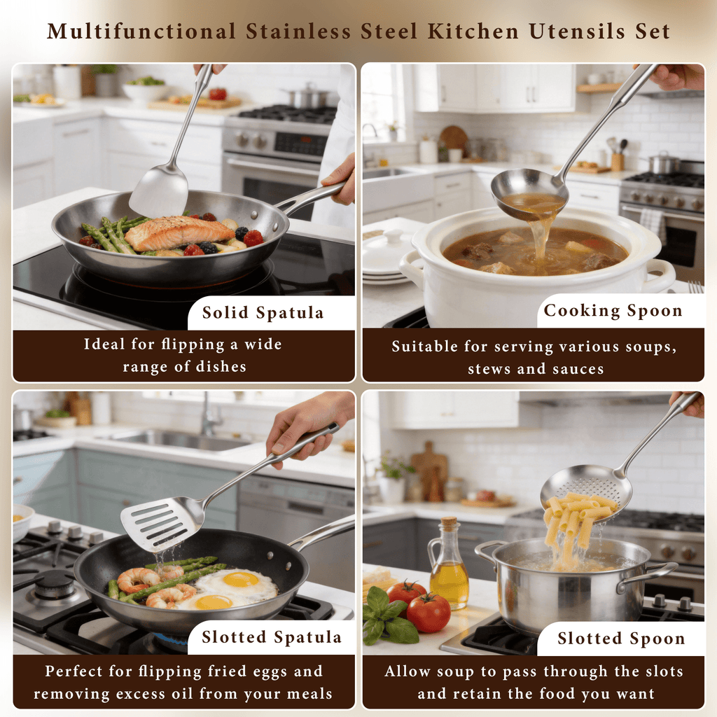 4-Piece Stainless Steel Cooking Utensils Set – Solid & Slotted Turner, Serving Spoon for Kitchen, Ergonomic Non-Toxic Design, Dishwasher Safe & Hangable