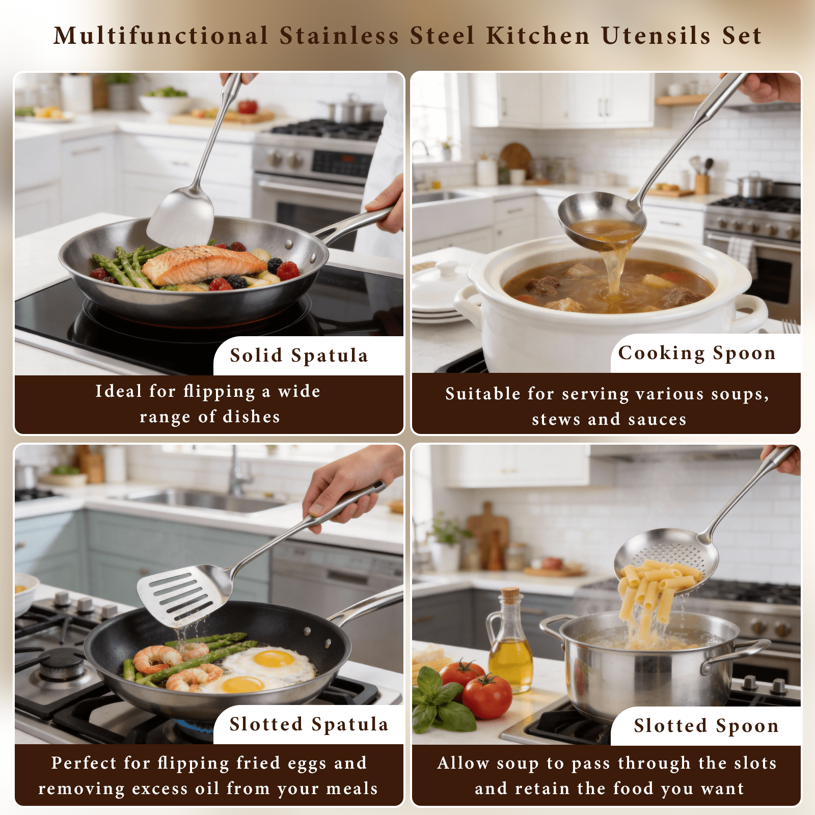 4-Piece Stainless Steel Cooking Utensils Set – Solid & Slotted Turner, Serving Spoon for Kitchen, Ergonomic Non-Toxic Design, Dishwasher Safe & Hangable
