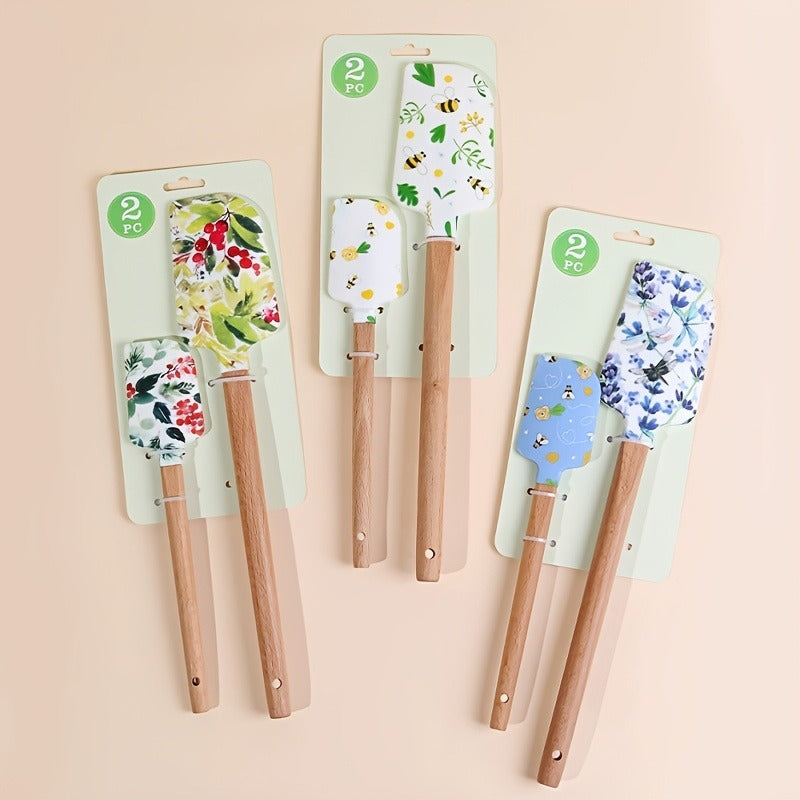 2pcs Silicone Scraper, 2 Sizes, Wood Handle Design, Various Flower Bee Violet Patterns, Heat-Resistant Non-Stick Pan Kitchen Tool for Mixing Cakes, Pastries, And Cooking