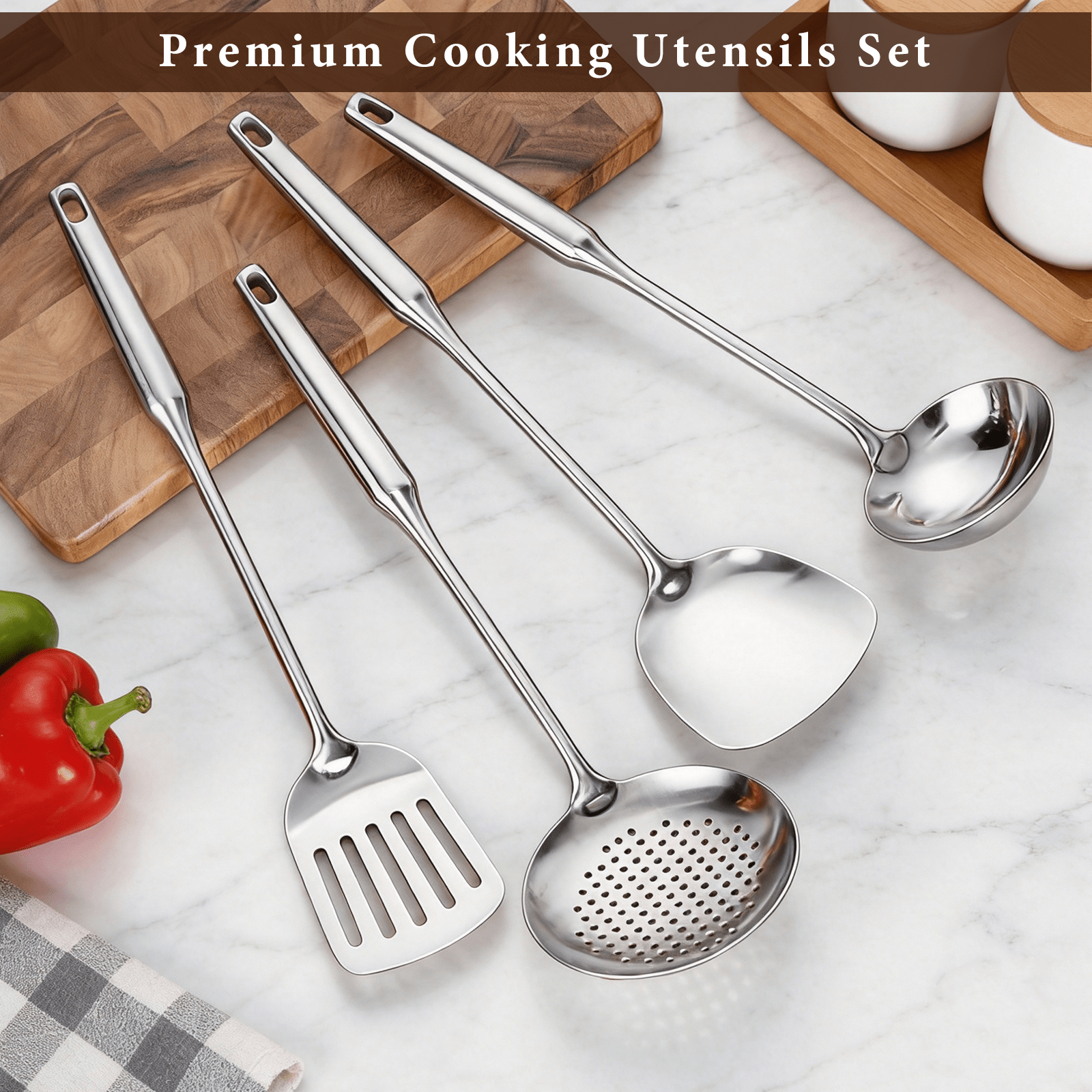 4-Piece Stainless Steel Cooking Utensils Set – Solid & Slotted Turner, Serving Spoon for Kitchen, Ergonomic Non-Toxic Design, Dishwasher Safe & Hangable