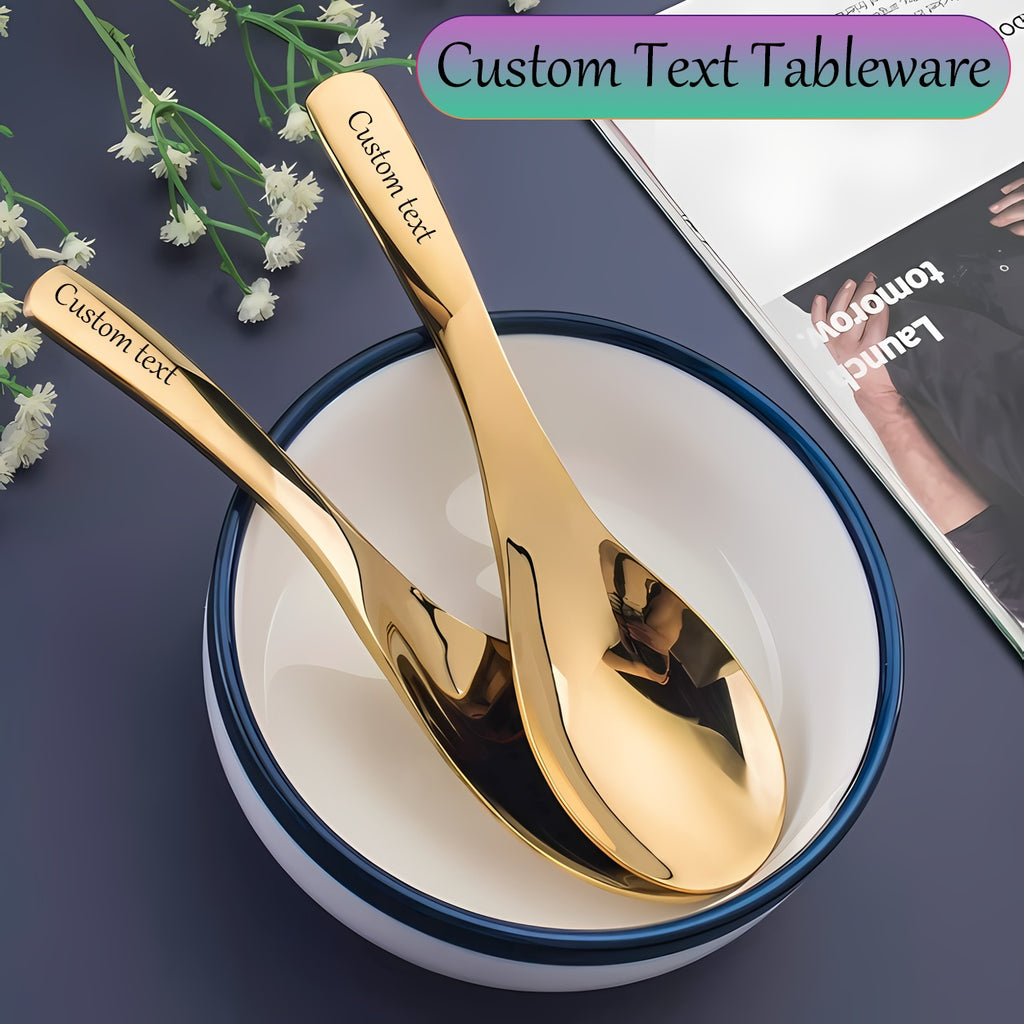 2\u002F4pcs Custom Text Elegant Stainless Steel Soup Spoons, Heavy Flat-Bottomed Spoons, Silvery\u002FGolden, Dessert Spoons, Suitable for Restaurants, Home Kitchens, Offices, And Holidays, Polished Surface, Dishwasher Safe, Christmas Gift