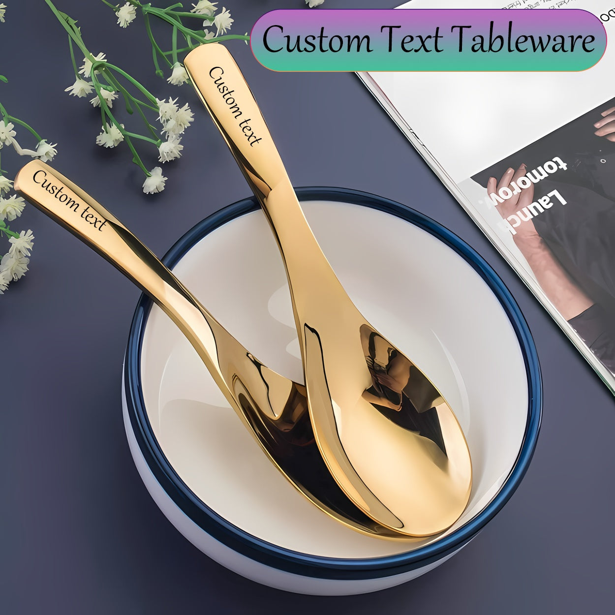 2\u002F4pcs Custom Text Elegant Stainless Steel Soup Spoons, Heavy Flat-Bottomed Spoons, Silvery\u002FGolden, Dessert Spoons, Suitable for Restaurants, Home Kitchens, Offices, And Holidays, Polished Surface, Dishwasher Safe, Christmas Gift