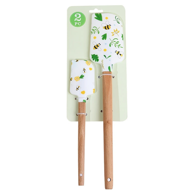 2pcs Silicone Scraper, 2 Sizes, Wood Handle Design, Various Flower Bee Violet Patterns, Heat-Resistant Non-Stick Pan Kitchen Tool for Mixing Cakes, Pastries, And Cooking
