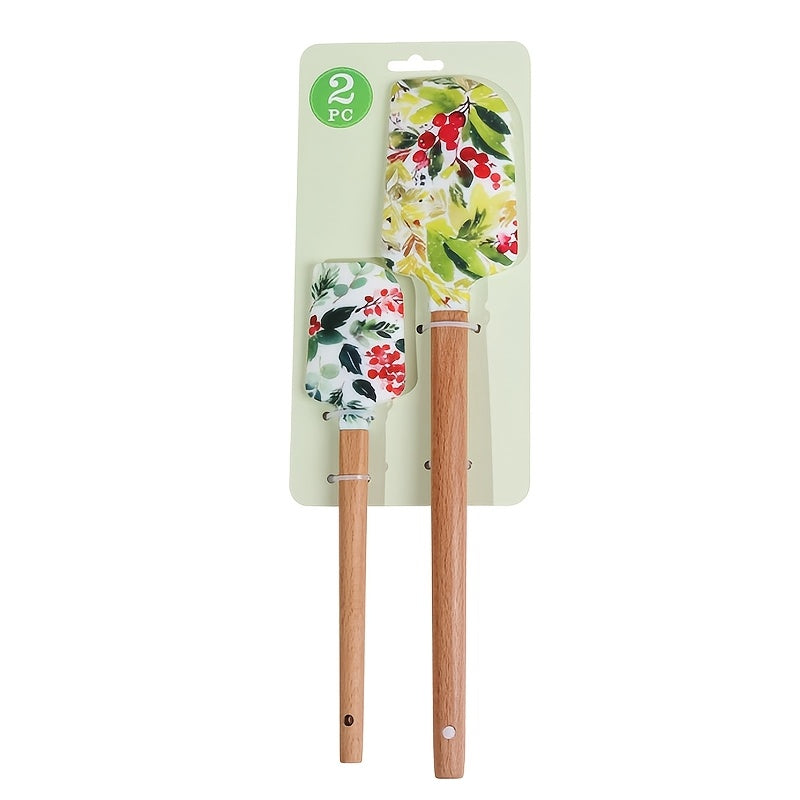 2pcs Silicone Scraper, 2 Sizes, Wood Handle Design, Various Flower Bee Violet Patterns, Heat-Resistant Non-Stick Pan Kitchen Tool for Mixing Cakes, Pastries, And Cooking
