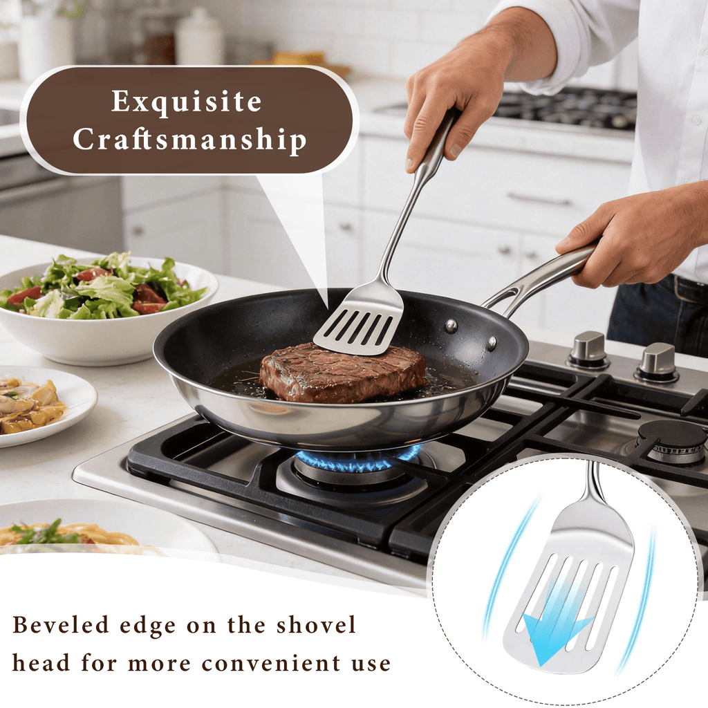 4-Piece Stainless Steel Cooking Utensils Set – Solid & Slotted Turner, Serving Spoon for Kitchen, Ergonomic Non-Toxic Design, Dishwasher Safe & Hangable