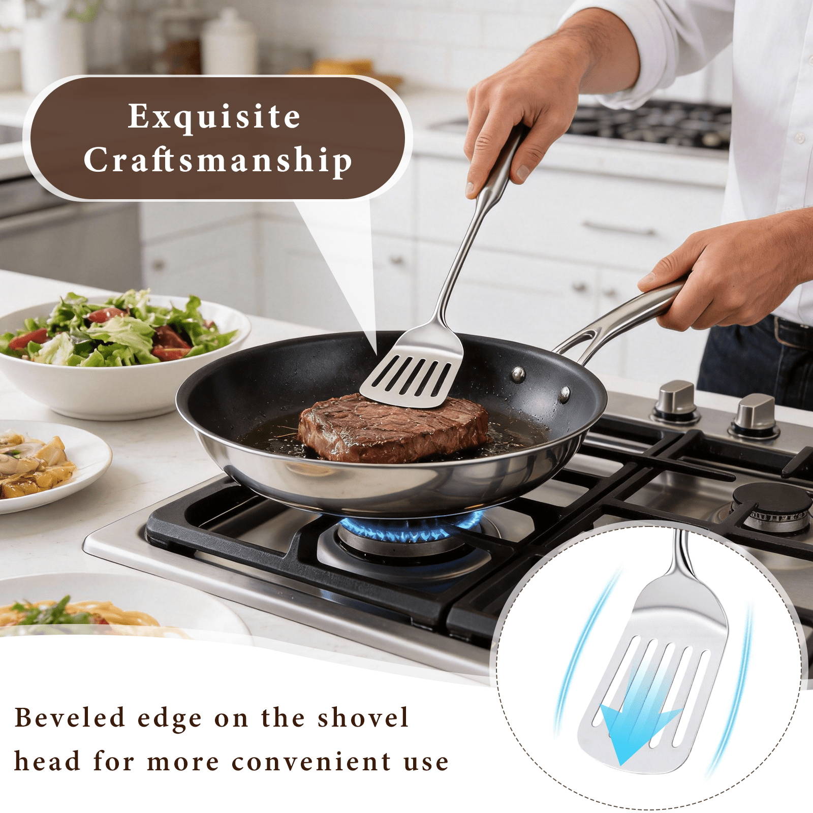 4-Piece Stainless Steel Cooking Utensils Set – Solid & Slotted Turner, Serving Spoon for Kitchen, Ergonomic Non-Toxic Design, Dishwasher Safe & Hangable