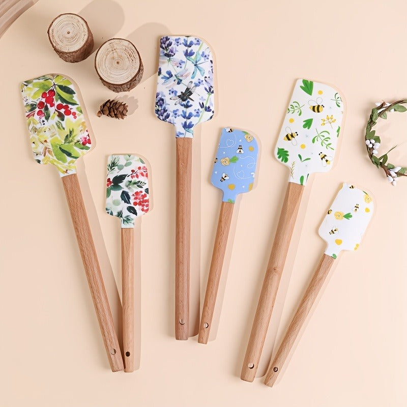 2pcs Silicone Scraper, 2 Sizes, Wood Handle Design, Various Flower Bee Violet Patterns, Heat-Resistant Non-Stick Pan Kitchen Tool for Mixing Cakes, Pastries, And Cooking