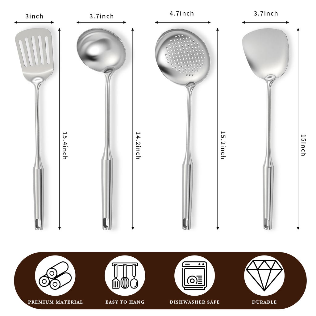 4-Piece Stainless Steel Cooking Utensils Set – Solid & Slotted Turner, Serving Spoon for Kitchen, Ergonomic Non-Toxic Design, Dishwasher Safe & Hangable
