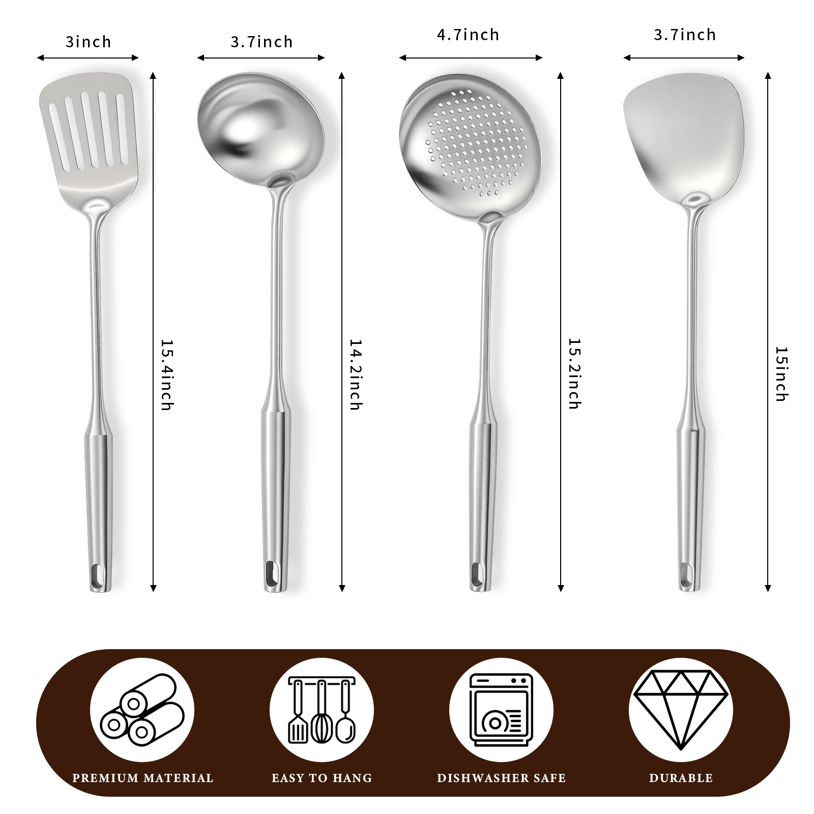 4-Piece Stainless Steel Cooking Utensils Set – Solid & Slotted Turner, Serving Spoon for Kitchen, Ergonomic Non-Toxic Design, Dishwasher Safe & Hangable