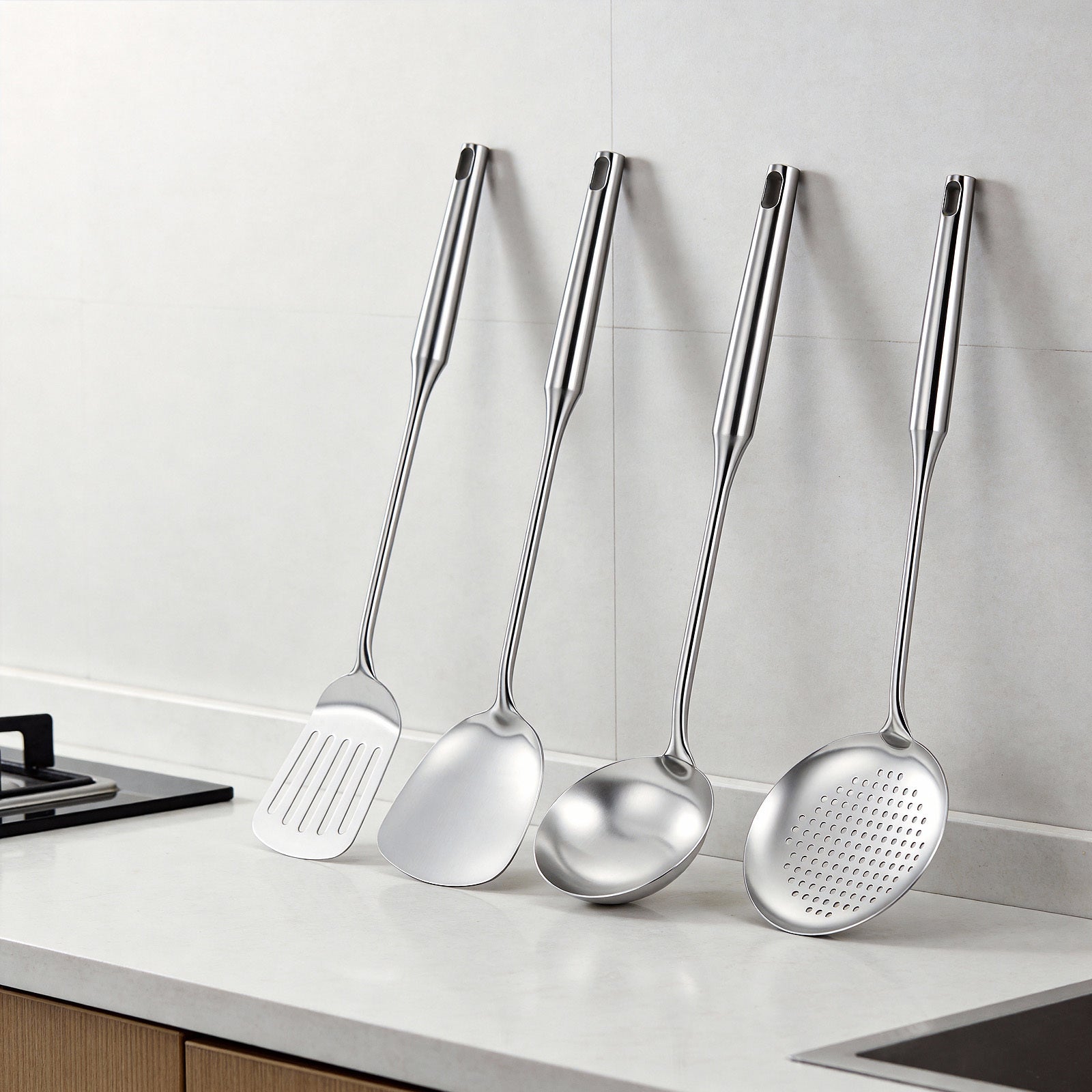 4-Piece Stainless Steel Cooking Utensils Set – Solid & Slotted Turner, Serving Spoon for Kitchen, Ergonomic Non-Toxic Design, Dishwasher Safe & Hangable