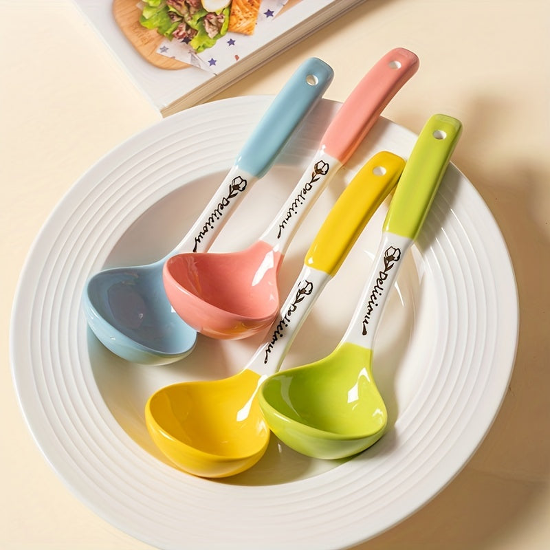 4pcs, Soup Spoon, Ceramic Soup Spoon, Cute Ceramic Soup Spoon, Kitchen Soup Spoon With Long Handle, Hangable Soup Spoon For Noodles, Kitchen Stuff, Kitchen Gadgets