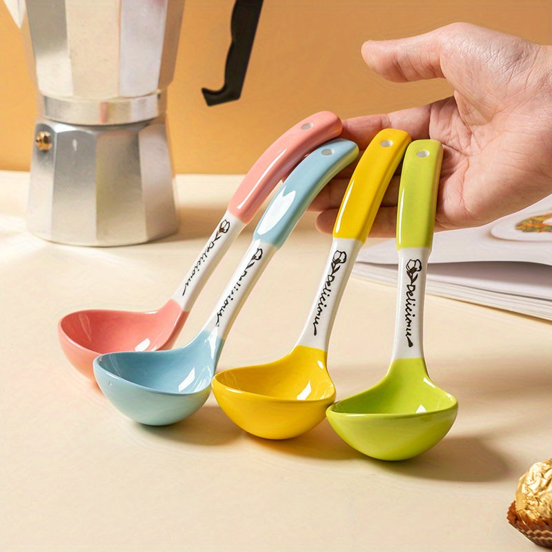 4pcs, Soup Spoon, Ceramic Soup Spoon, Cute Ceramic Soup Spoon, Kitchen Soup Spoon With Long Handle, Hangable Soup Spoon For Noodles, Kitchen Stuff, Kitchen Gadgets