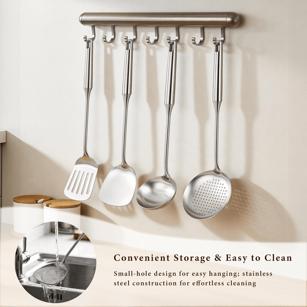 4-Piece Stainless Steel Cooking Utensils Set – Solid & Slotted Turner, Serving Spoon for Kitchen, Ergonomic Non-Toxic Design, Dishwasher Safe & Hangable
