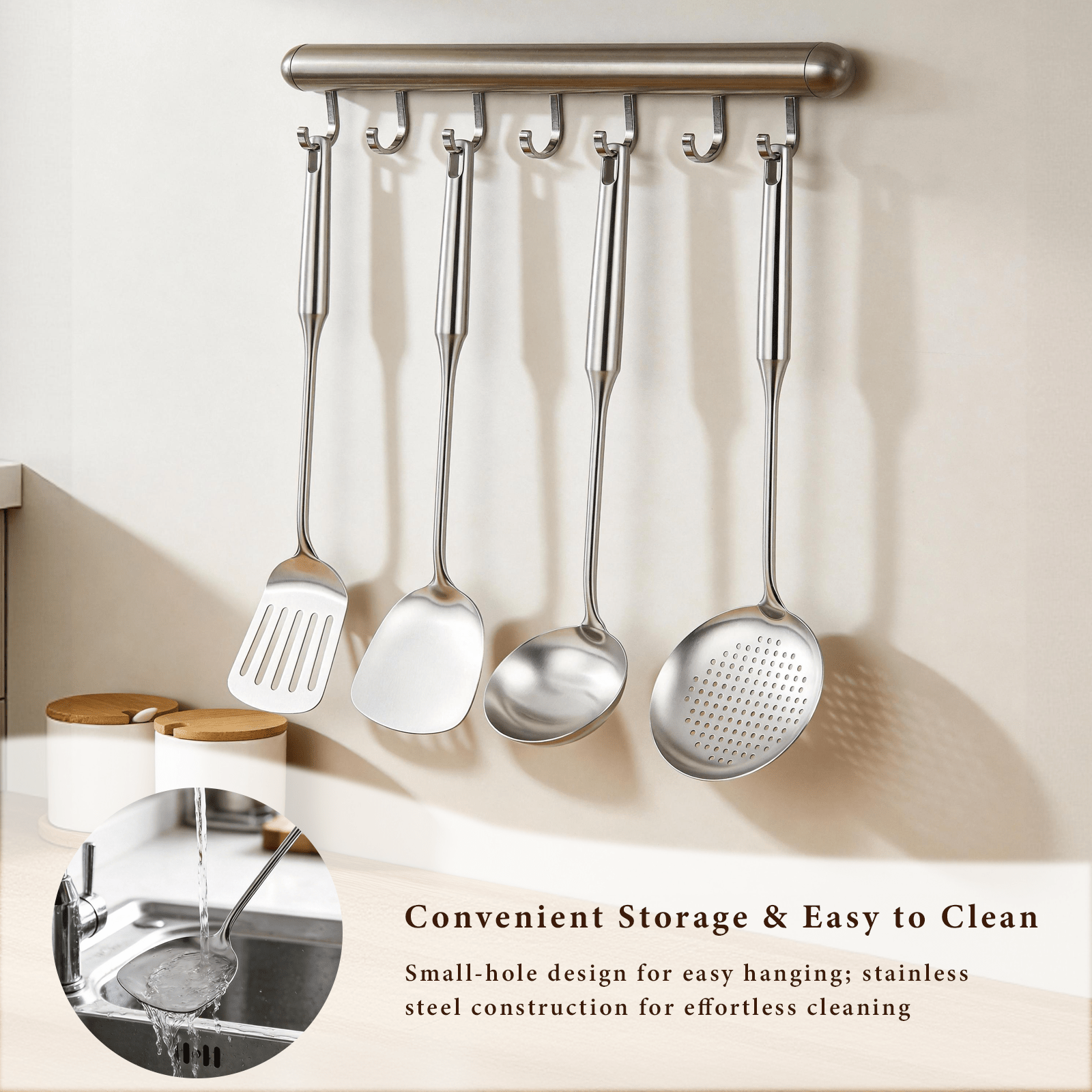 4-Piece Stainless Steel Cooking Utensils Set – Solid & Slotted Turner, Serving Spoon for Kitchen, Ergonomic Non-Toxic Design, Dishwasher Safe & Hangable