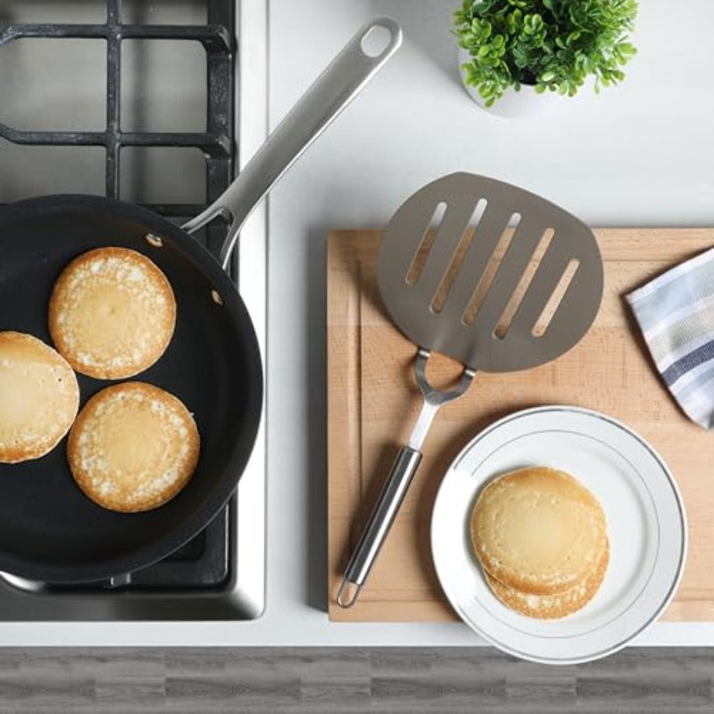Richburn Large Slotted Pancake Turner with Non-Slip Nylon Flipper - Heavy-Duty Spatula Suitable for Flipping Pancakes, Fish, Omelettes, Serving - Dishwasher, Nonstick-Friendly, Hollow Handle (6.5-inch)